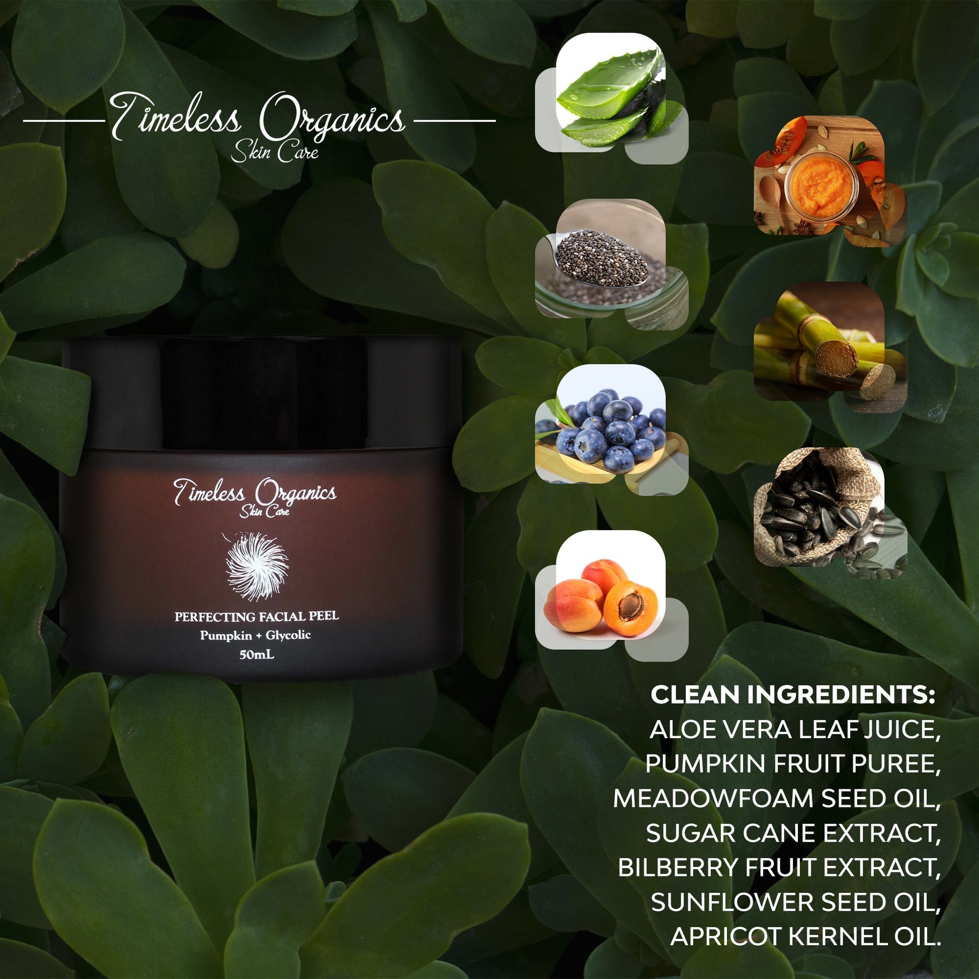 Facial peel jar with clean ingredients panel and ingredient pictures in circles.