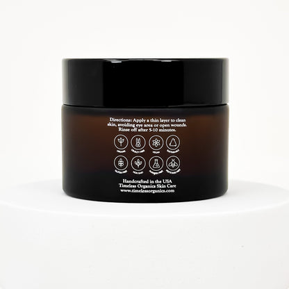 Facial peel jar back label with directions and ingredient icons, glossy black cap.