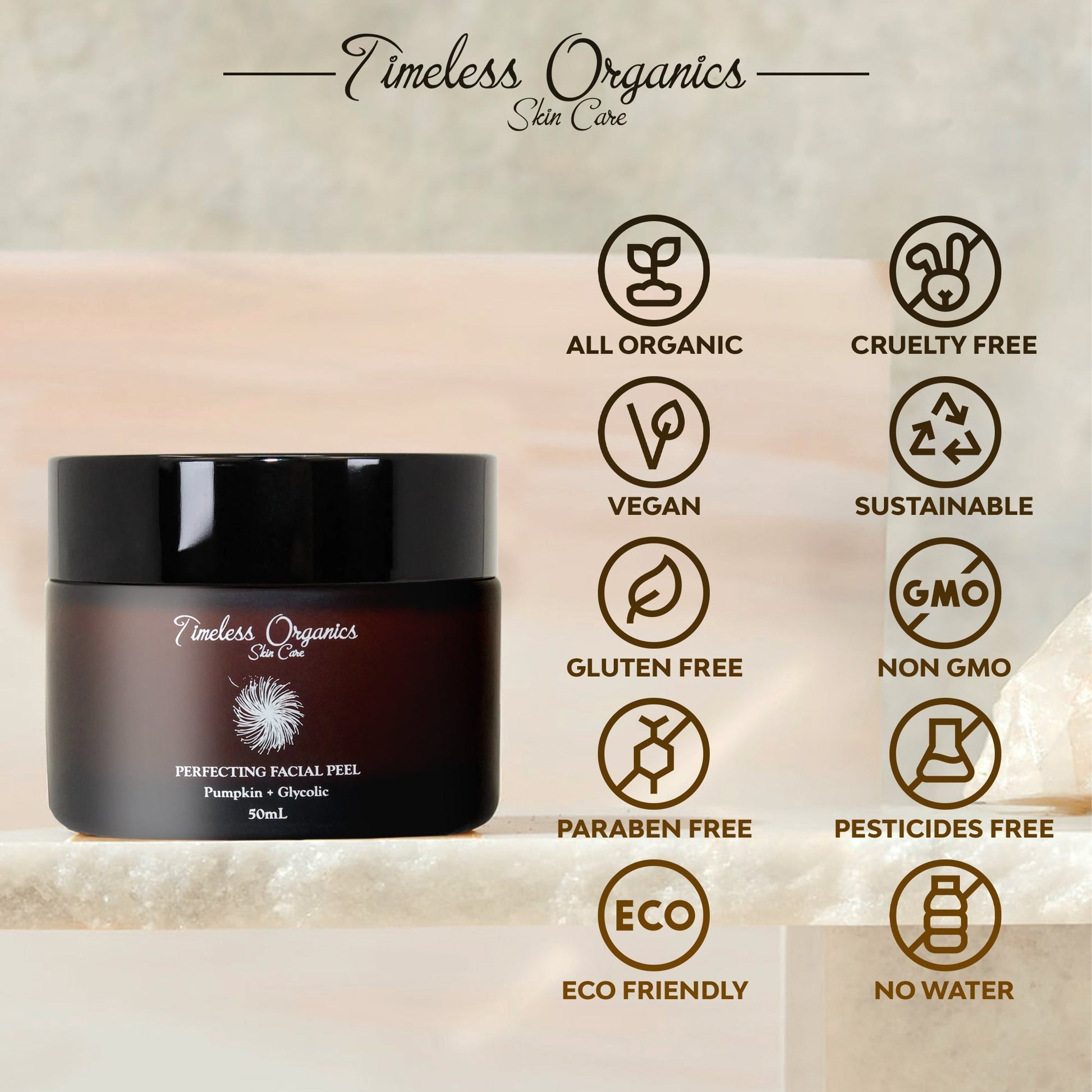 Facial peel jar with label and product claim icons on the right side.