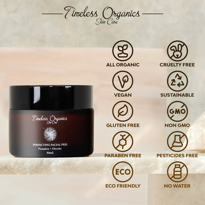 Facial peel jar with label and product claim icons on the right side.