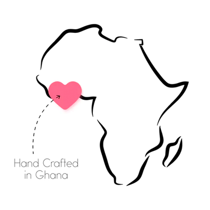 Handcrafted in Ghana graphic: Africa map outline with pink heart
