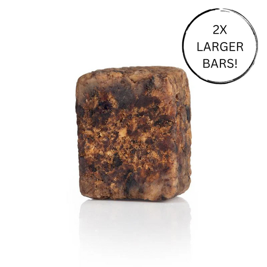 Raw African black soap bar, dark brown speckled texture, 8 oz