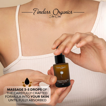 Retinol treatment serum bottle held by a hand with dropper above skin