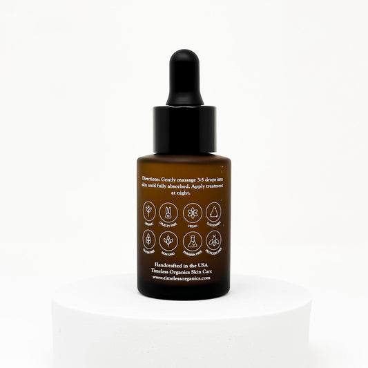 Retinol treatment serum bottle with black dropper cap and back label