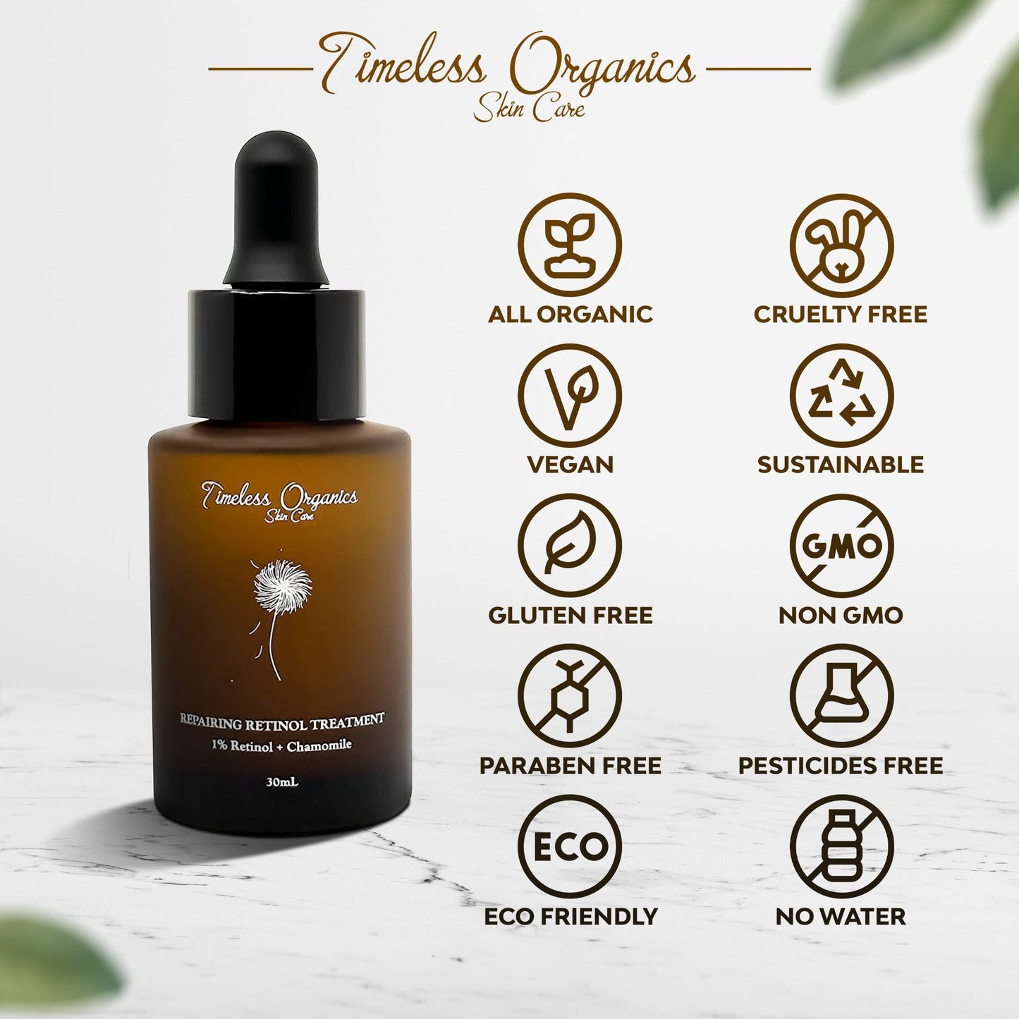 Retinol treatment serum bottle with black cap and certification icons