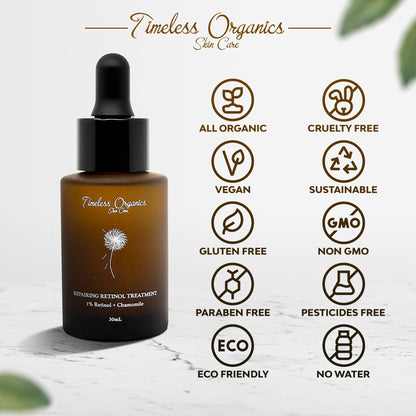 Retinol treatment serum bottle with black cap and certification icons