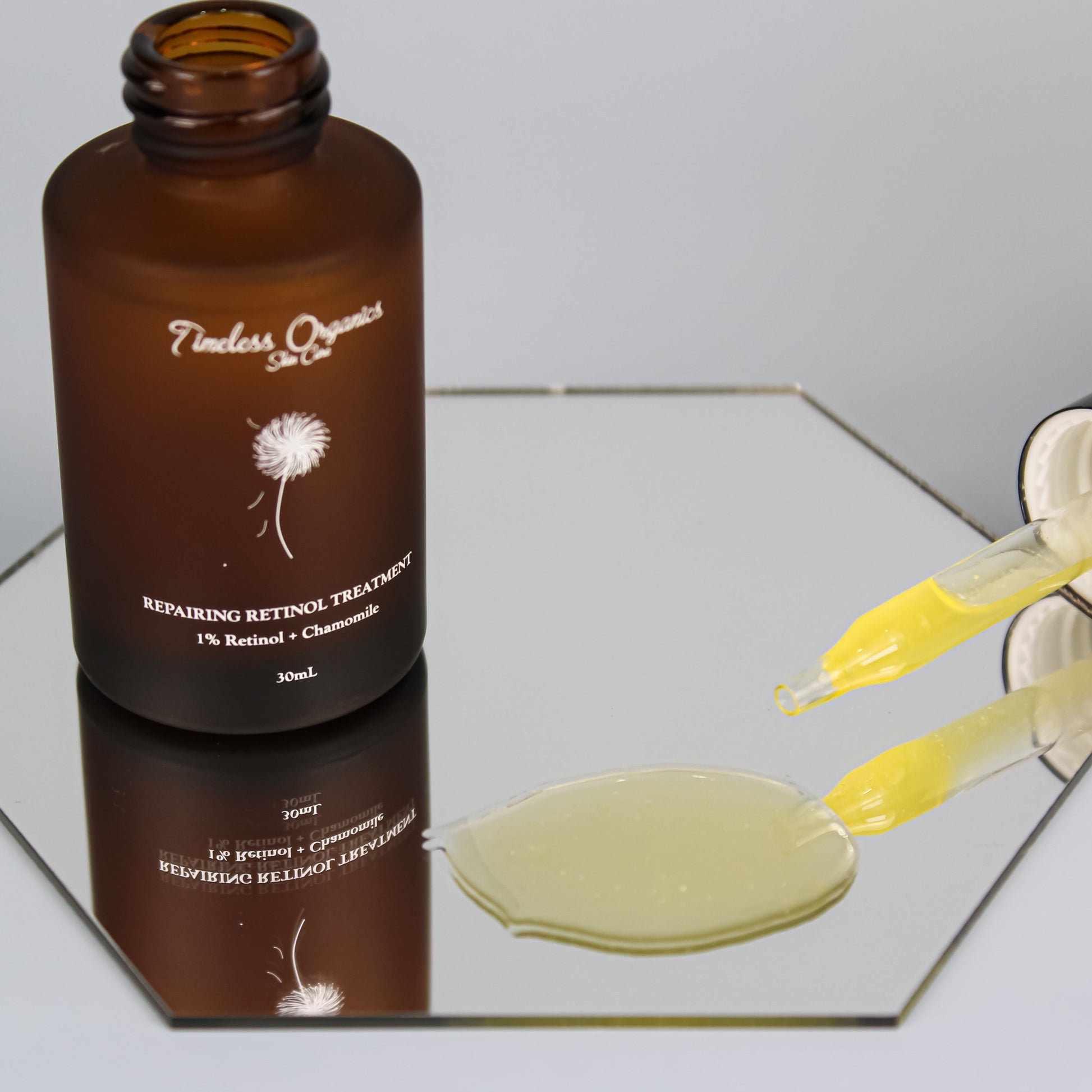 Retinol treatment serum bottle with dropper dispensing pale yellow serum
