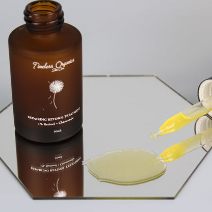 Retinol treatment serum bottle with dropper dispensing pale yellow serum