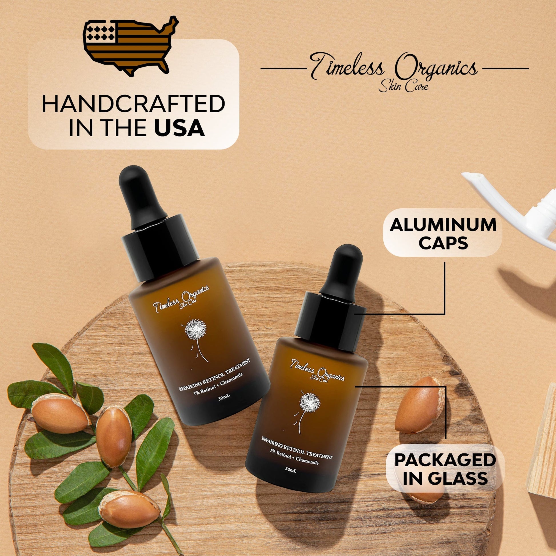Retinol treatment serum bottles with aluminum caps on a wooden tray