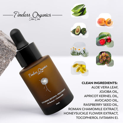 Retinol treatment serum bottle with black dropper and ingredient icons