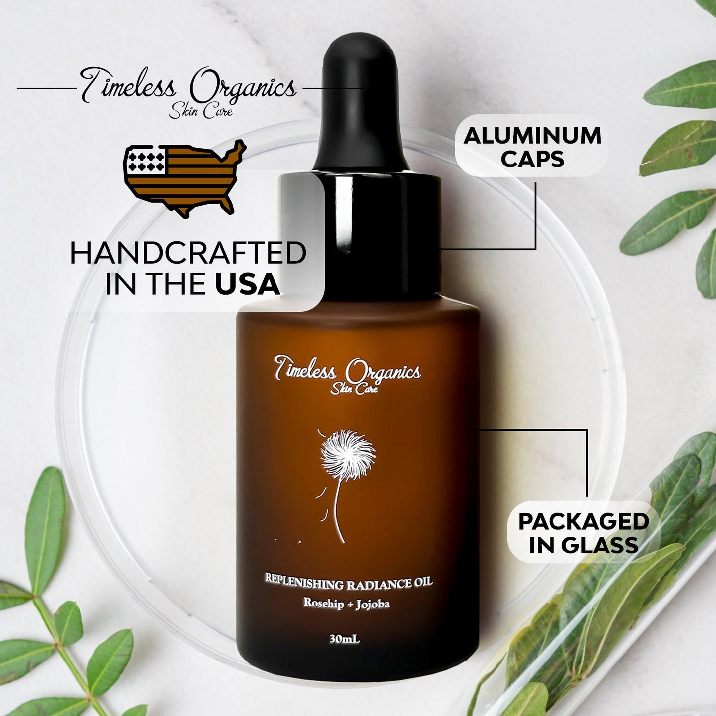 Face oil bottle with black cap with labeled packaging callouts and leaves