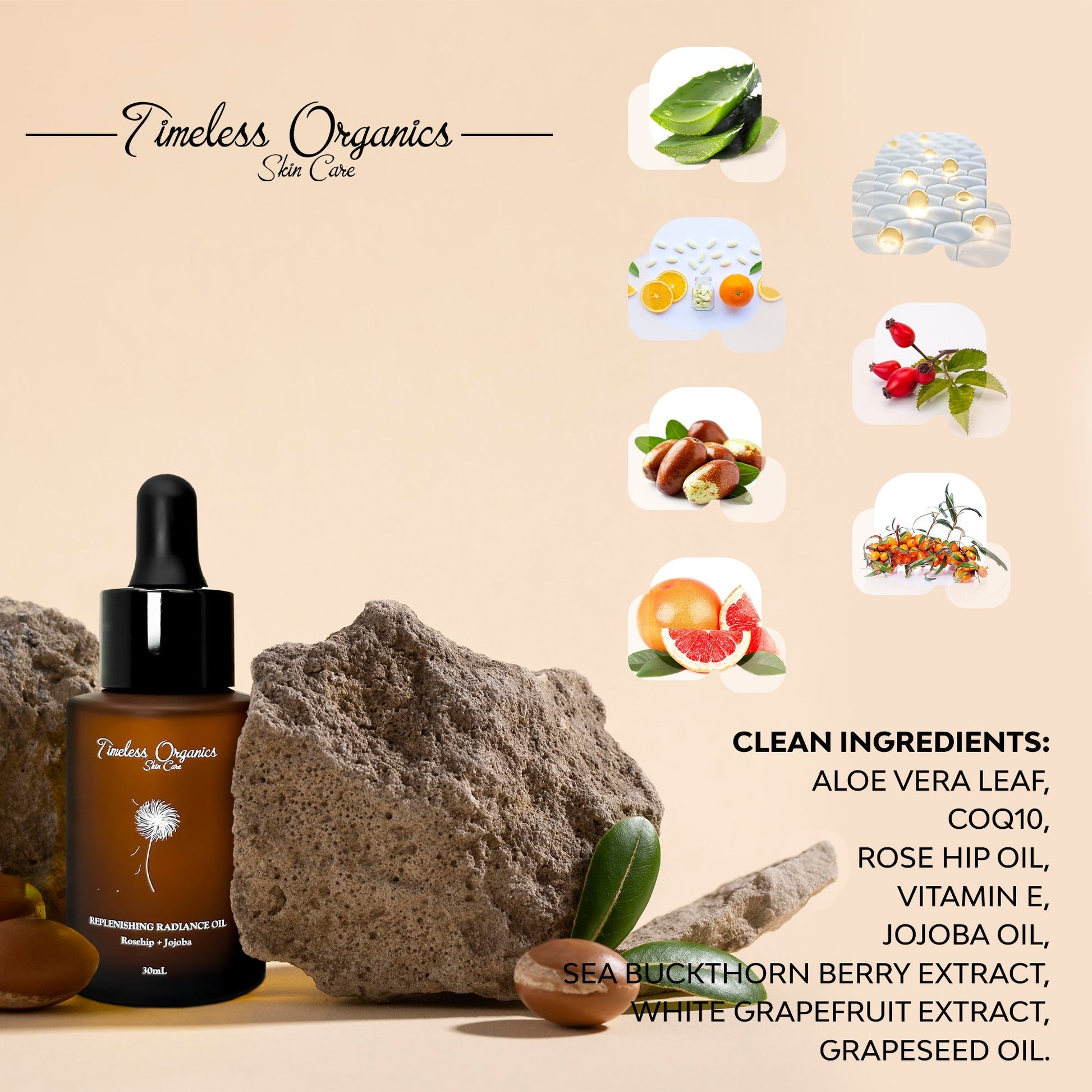 Face oil bottle with black dropper beside visible ingredient icons