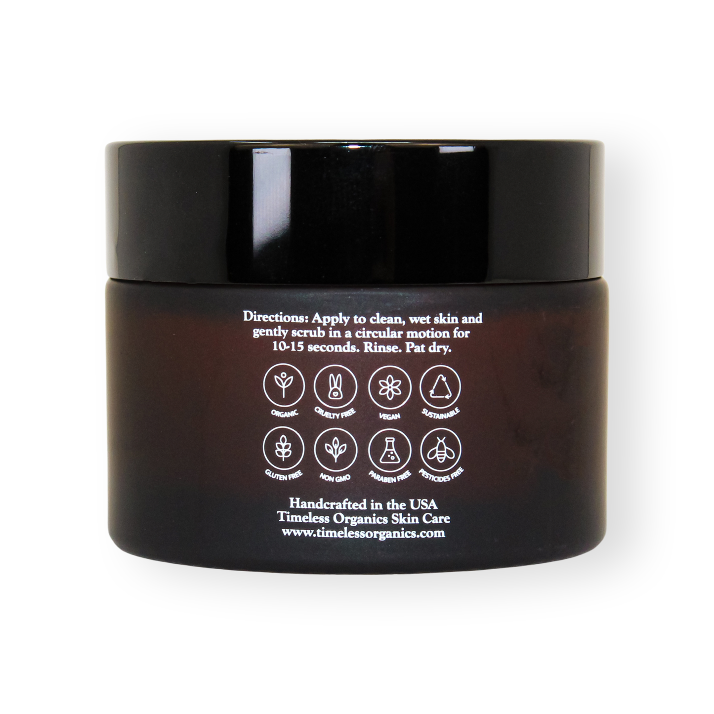 Resurfacing facial polish jar back label with use and ingredient icons