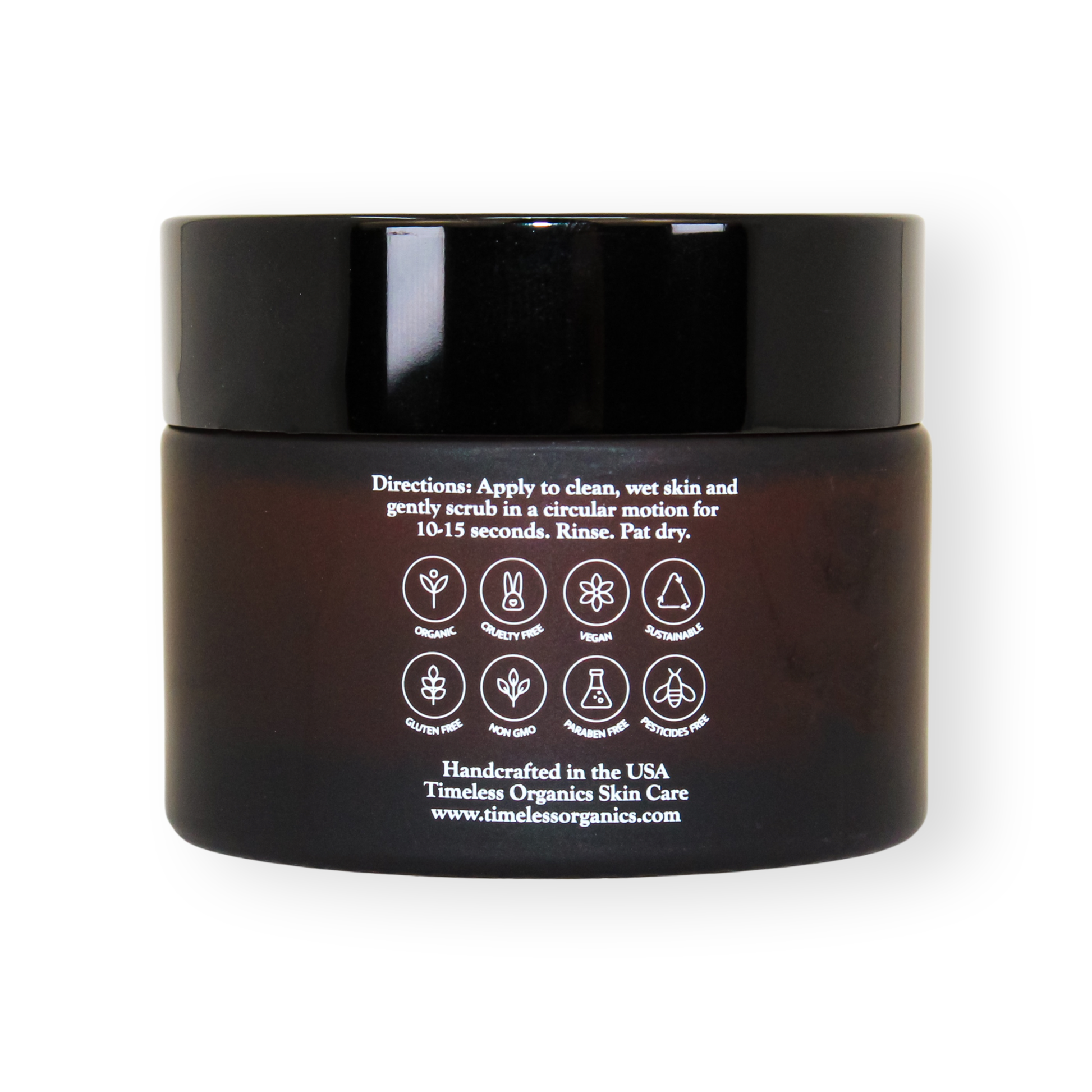 Resurfacing facial polish jar back label with use and ingredient icons