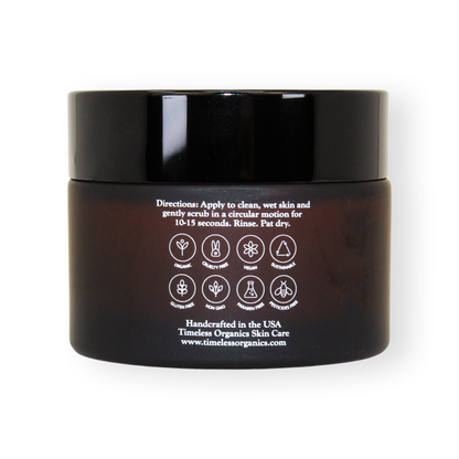 Resurfacing facial polish jar back label with use and ingredient icons