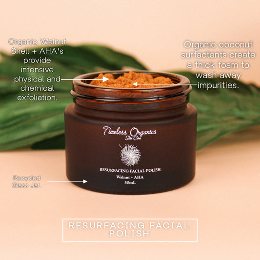 Walnut + AHA resurfacing facial polish jar with textured exfoliant