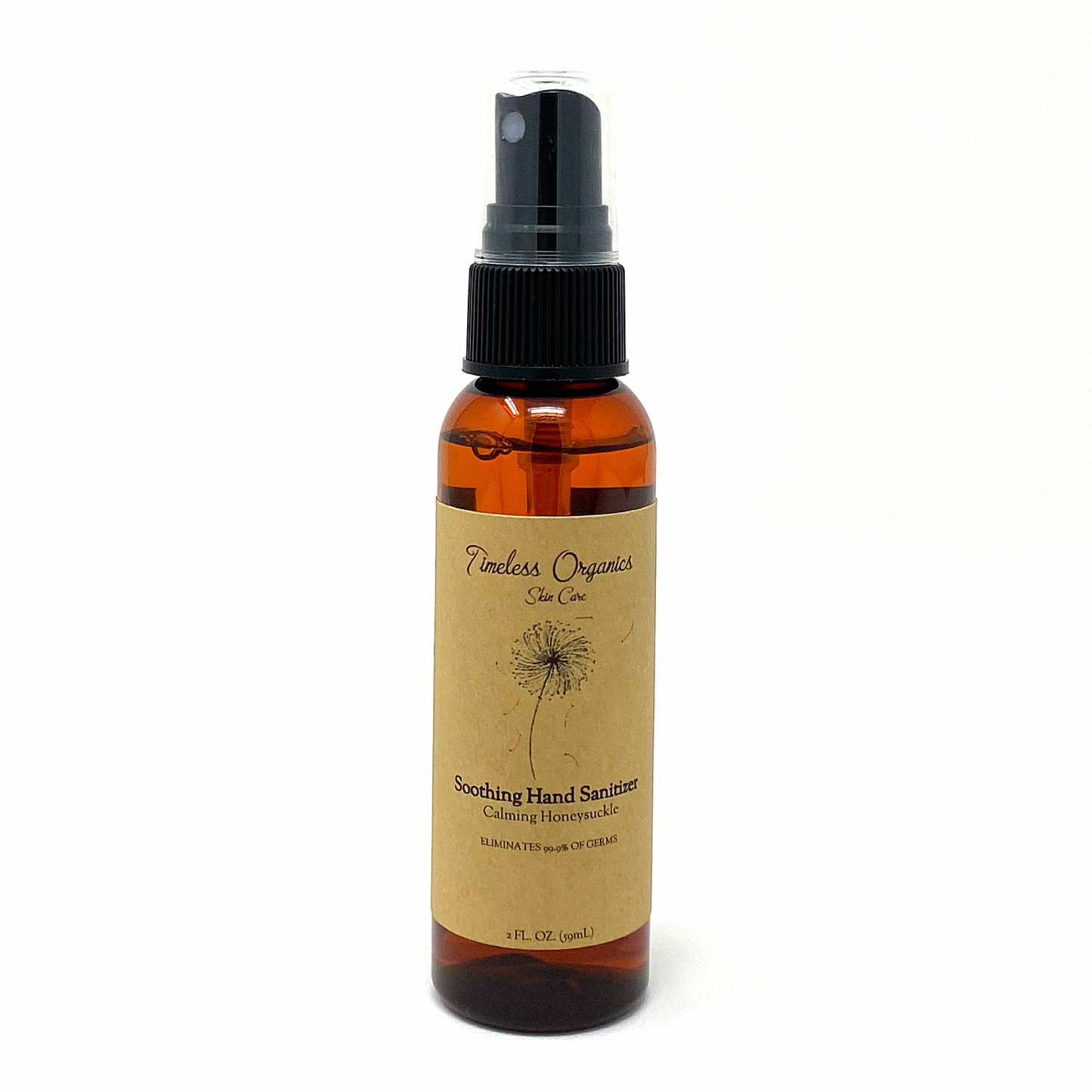 Soothing organic hand sanitizer bottle with black spray pump, Calming Honeysuckle label