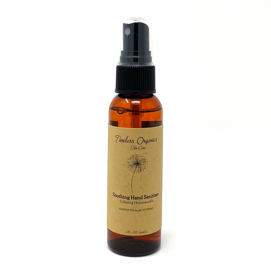 Soothing organic hand sanitizer bottle with black spray pump, Calming Honeysuckle label