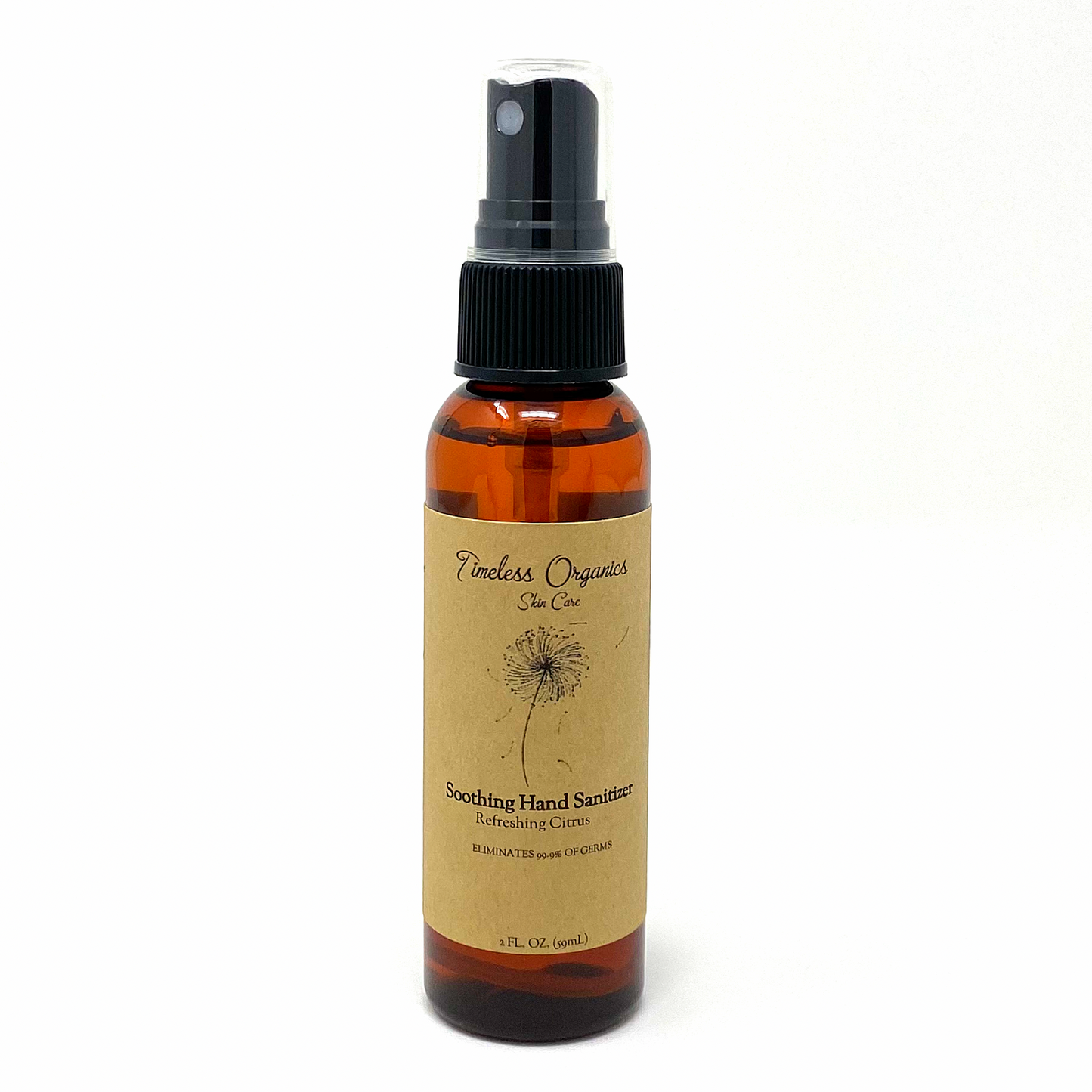 Soothing organic hand sanitizer bottle with black spray pump, Refreshing Citrus label