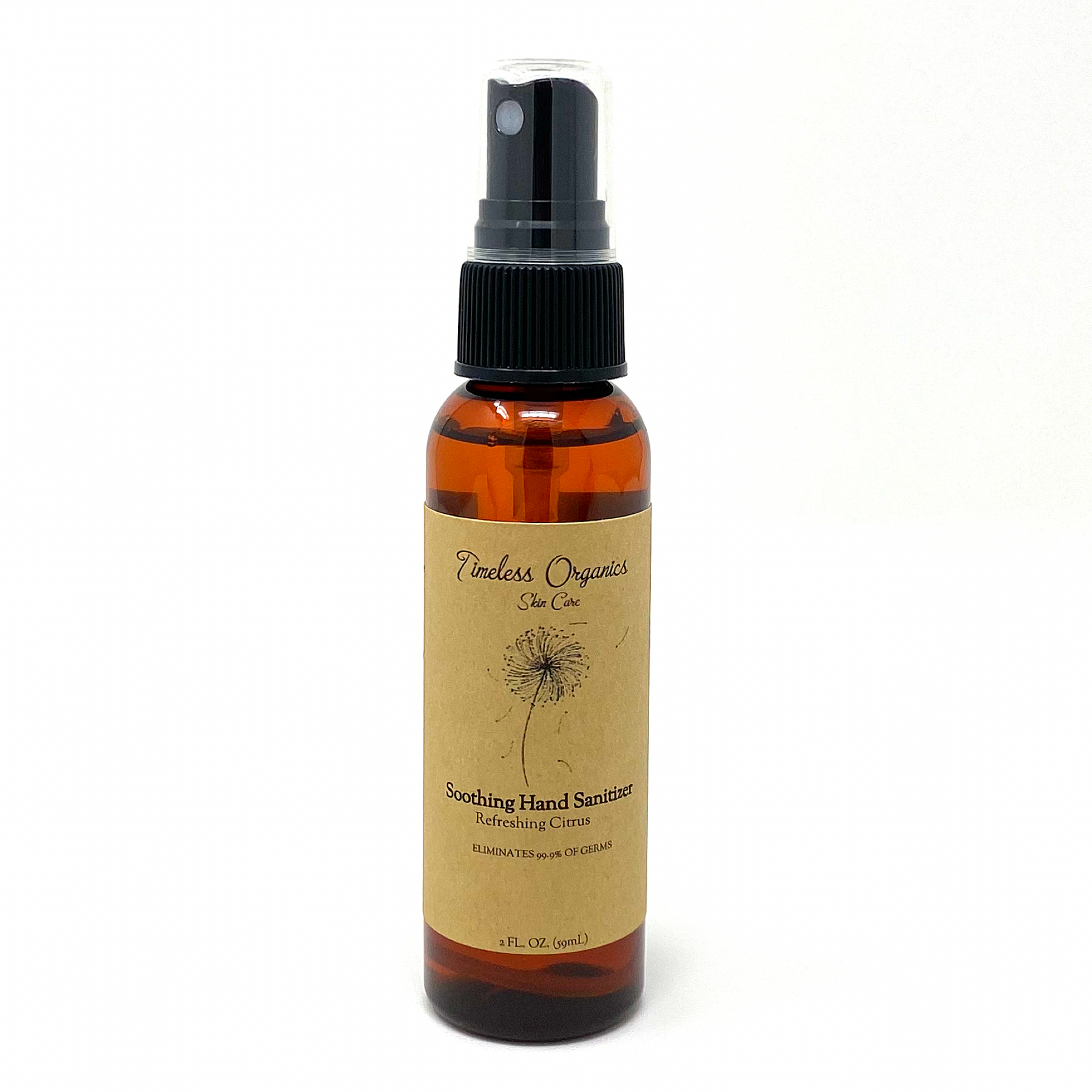 Soothing organic hand sanitizer bottle with black spray pump, Refreshing Citrus label