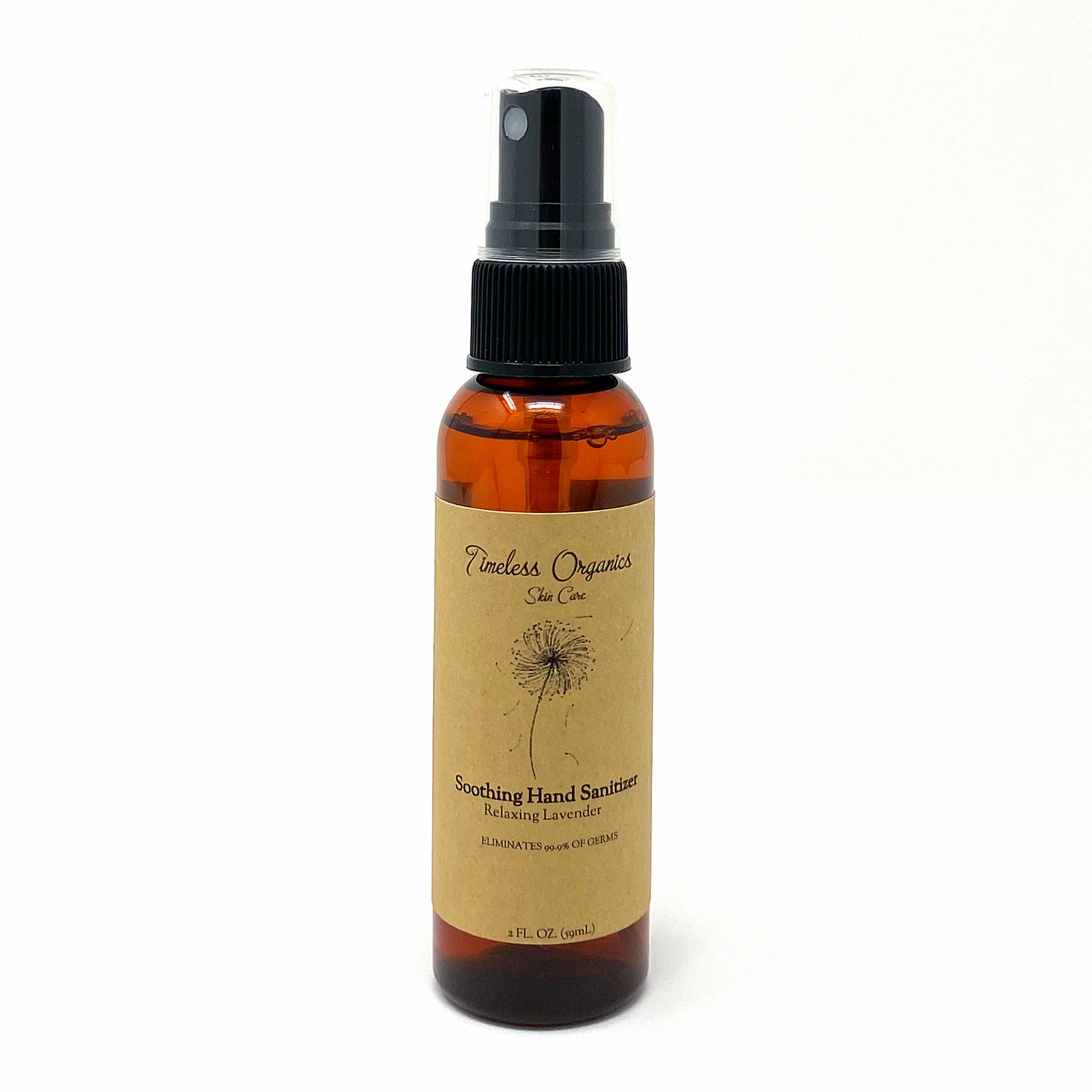 Soothing organic hand sanitizer bottle with black spray pump, Relaxing Lavender label