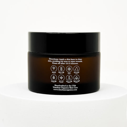 Tightening clay face mask jar with back panel showing directions and icons
