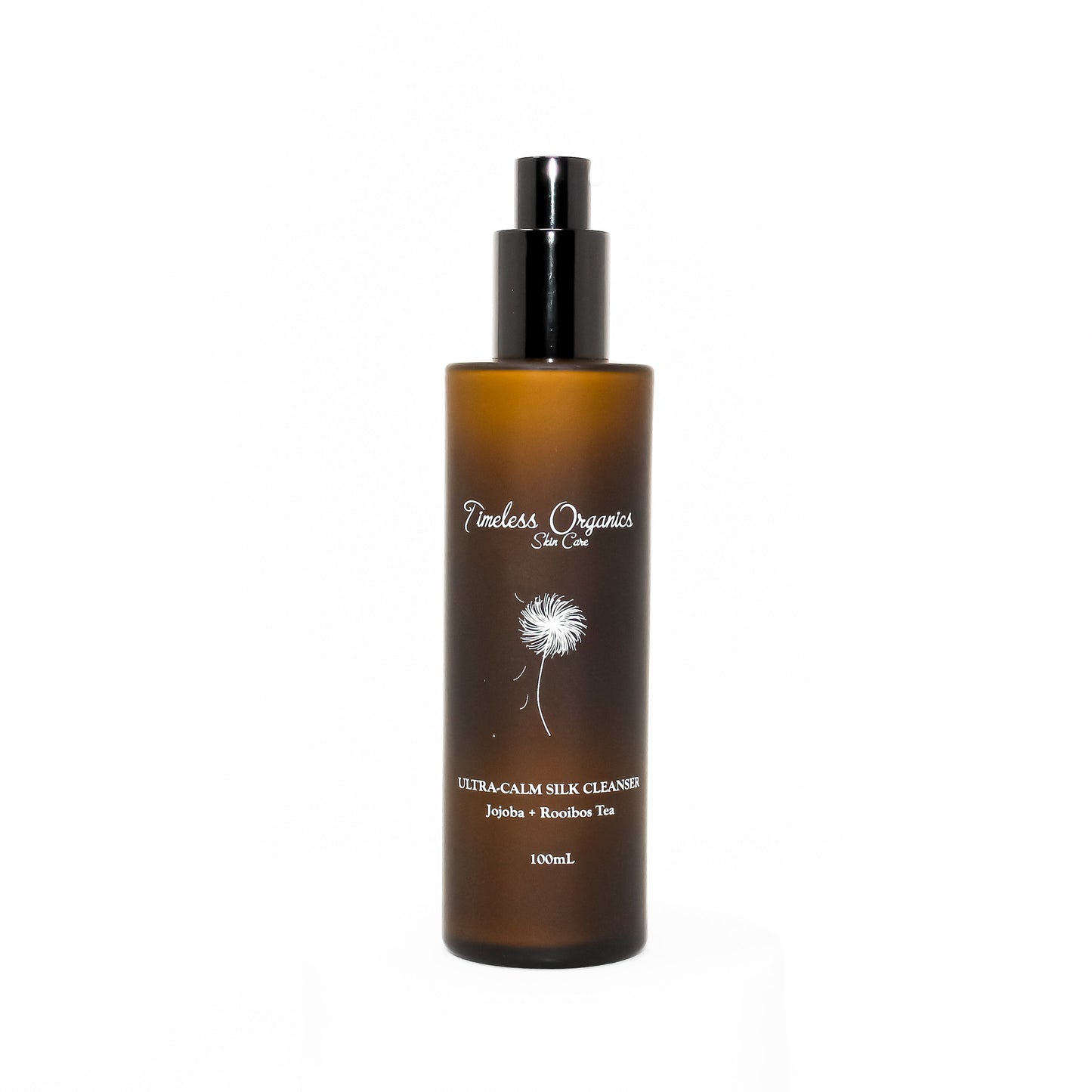Timeless Organics silk cleanser bottle, amber glass with black pump and front label
