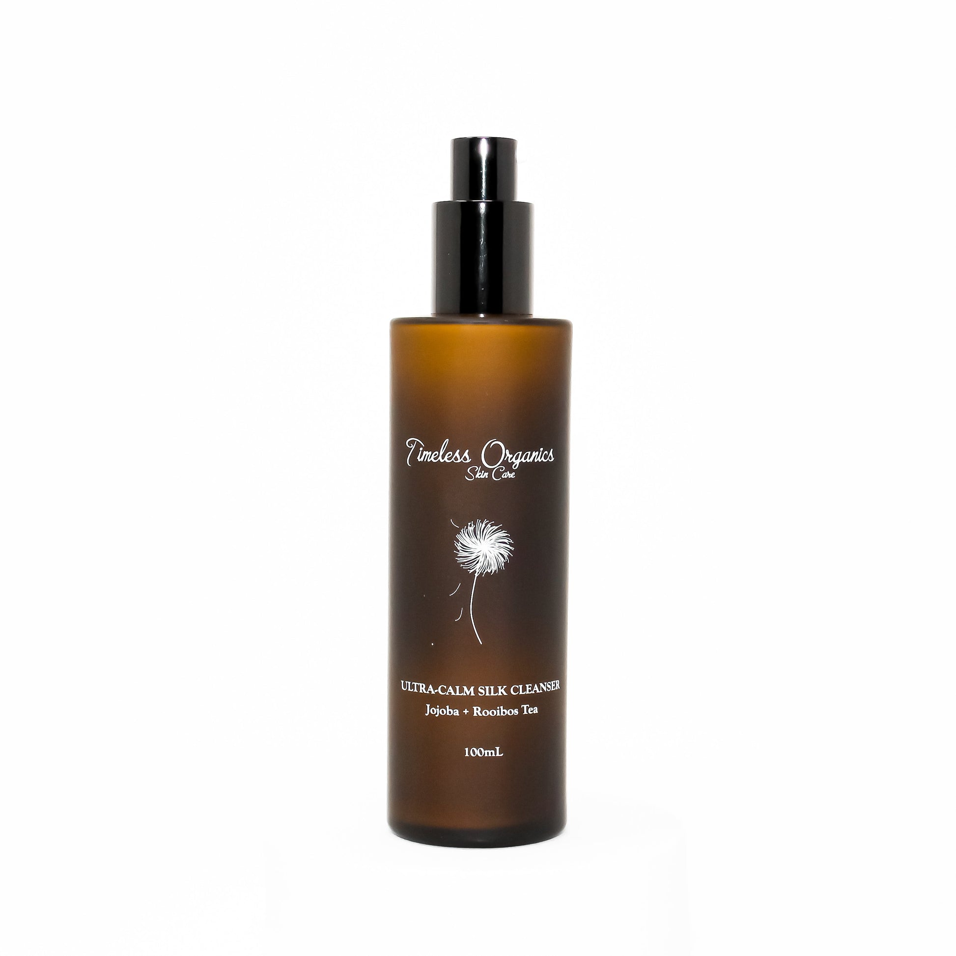 Timeless Organics silk cleanser bottle, amber glass with black pump and front label