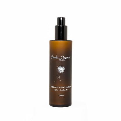 Timeless Organics silk cleanser bottle, amber glass with black pump and front label