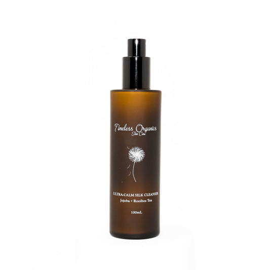 Timeless Organics silk cleanser bottle, amber glass with black pump and front label