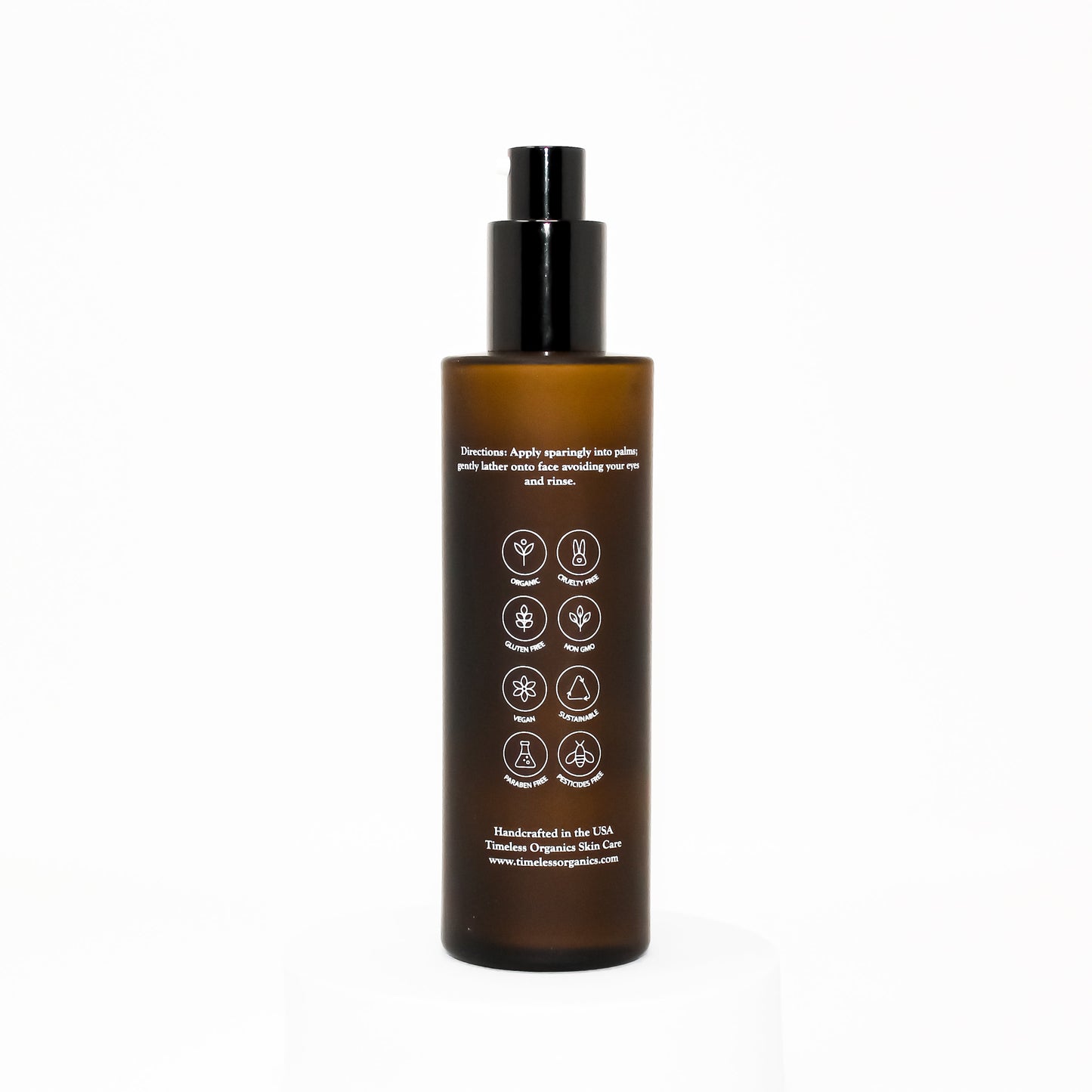 Timeless Organics silk cleanser bottle back label with icons and care text