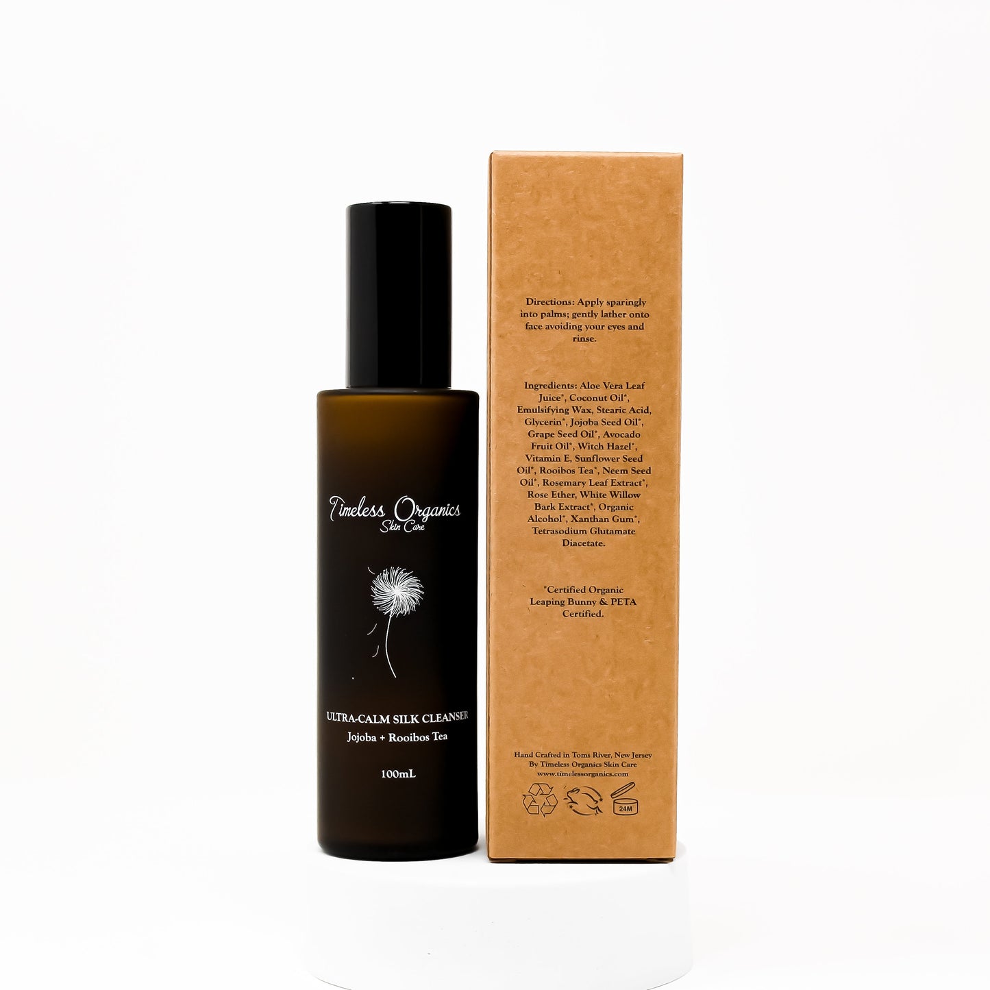 Timeless Organics silk cleanser bottle with matching carton box, amber with black pump