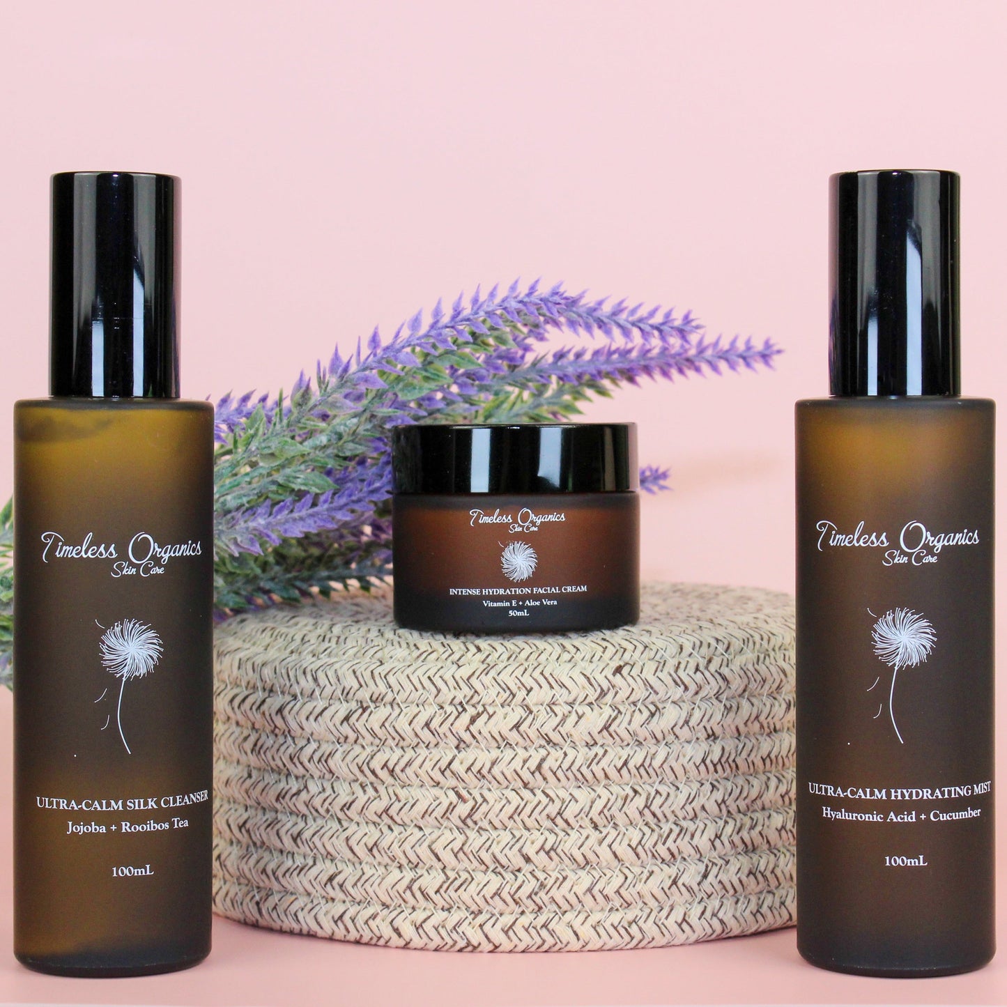 Skincare bottles and facial cream jar, three-piece skincare set
