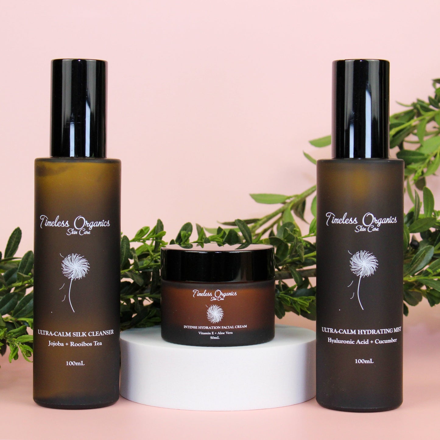 Skincare kit with two tall bottles and round facial cream jar on display