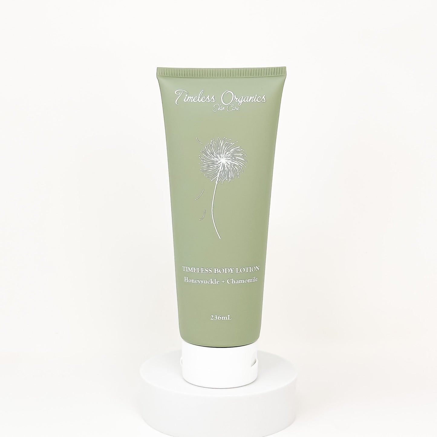 Body lotion tube, green with Honeysuckle + Chamomile scent