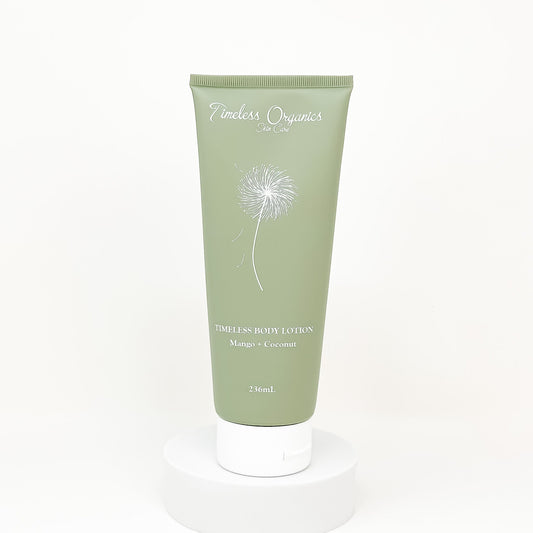 Body lotion tube, green with Mango + Coconut scent
