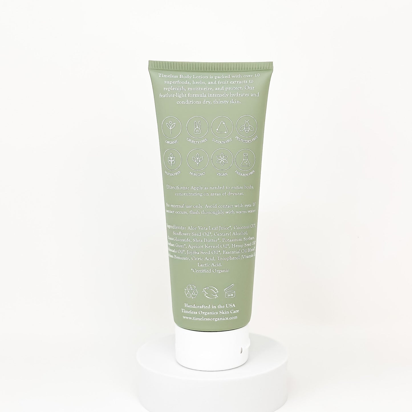 Body lotion tube back with ingredient and certification icons