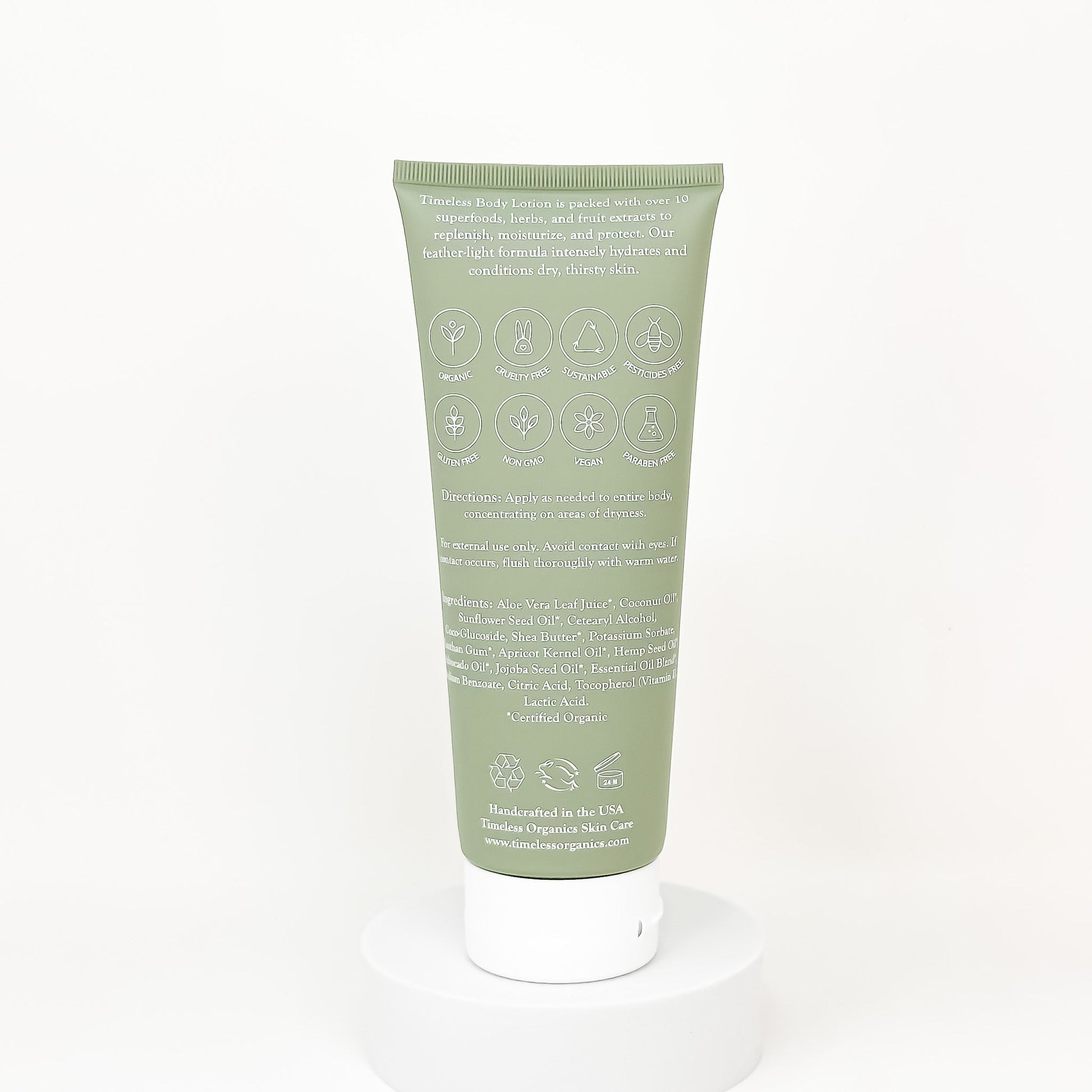Body lotion tube back with ingredient and certification icons