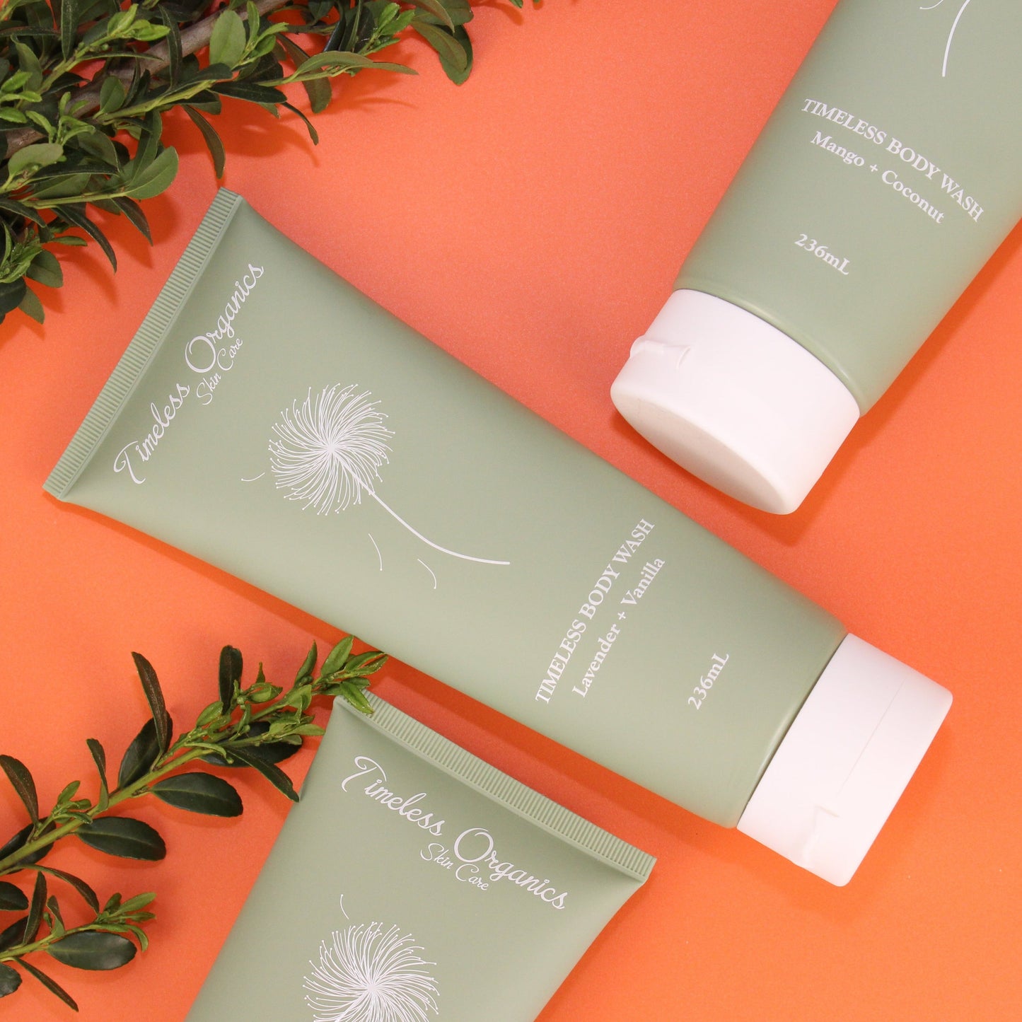 Timeless Organics body wash tubes, light green: Mango + Coconut & Lavender + Vanilla