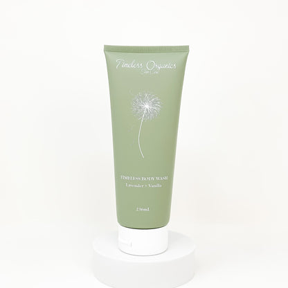 Timeless Organics body wash tube, light green with Lavender + Vanilla label