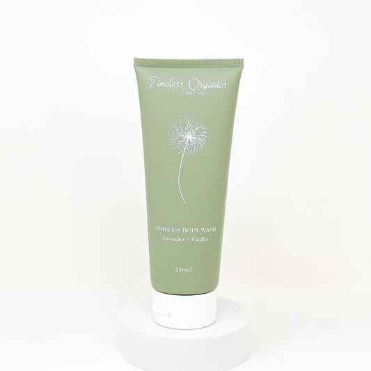 Timeless Organics body wash tube, light green with Lavender + Vanilla label