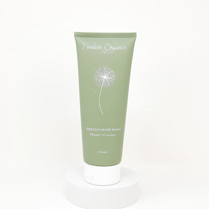Timeless Organics body wash tube, light green with Mango + Coconut label