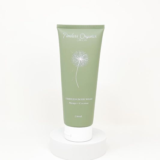 Timeless Organics body wash tube, light green with Mango + Coconut label