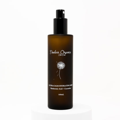 Hydrating face & body mist bottle with black pump, amber bottle, front label