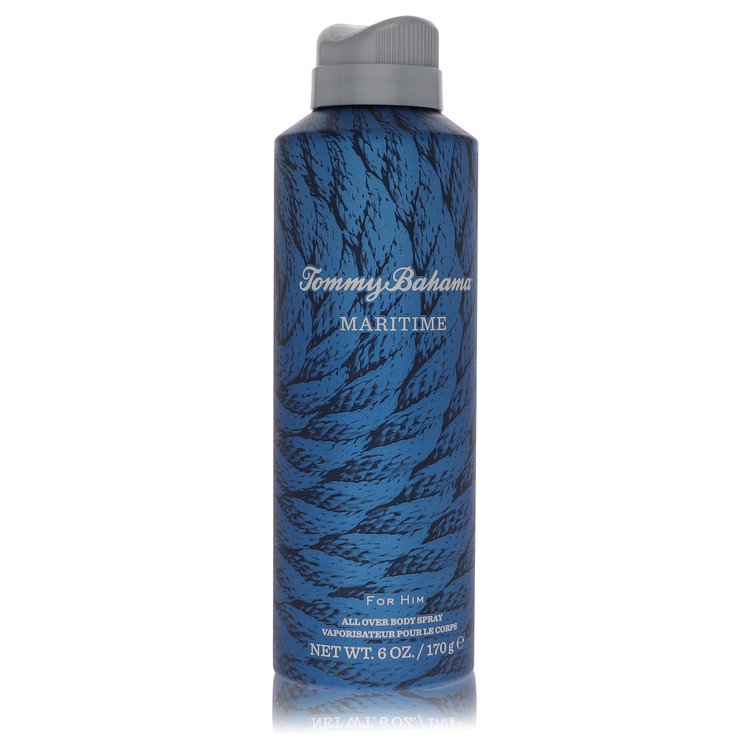 Maritime body spray bottle, blue glass with gray cap and branding label