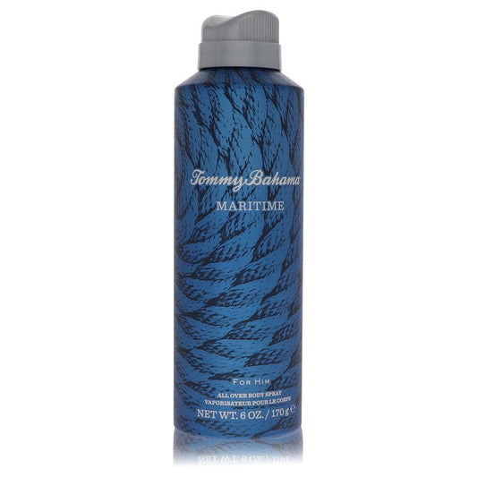 Maritime body spray bottle, blue glass with gray cap and branding label