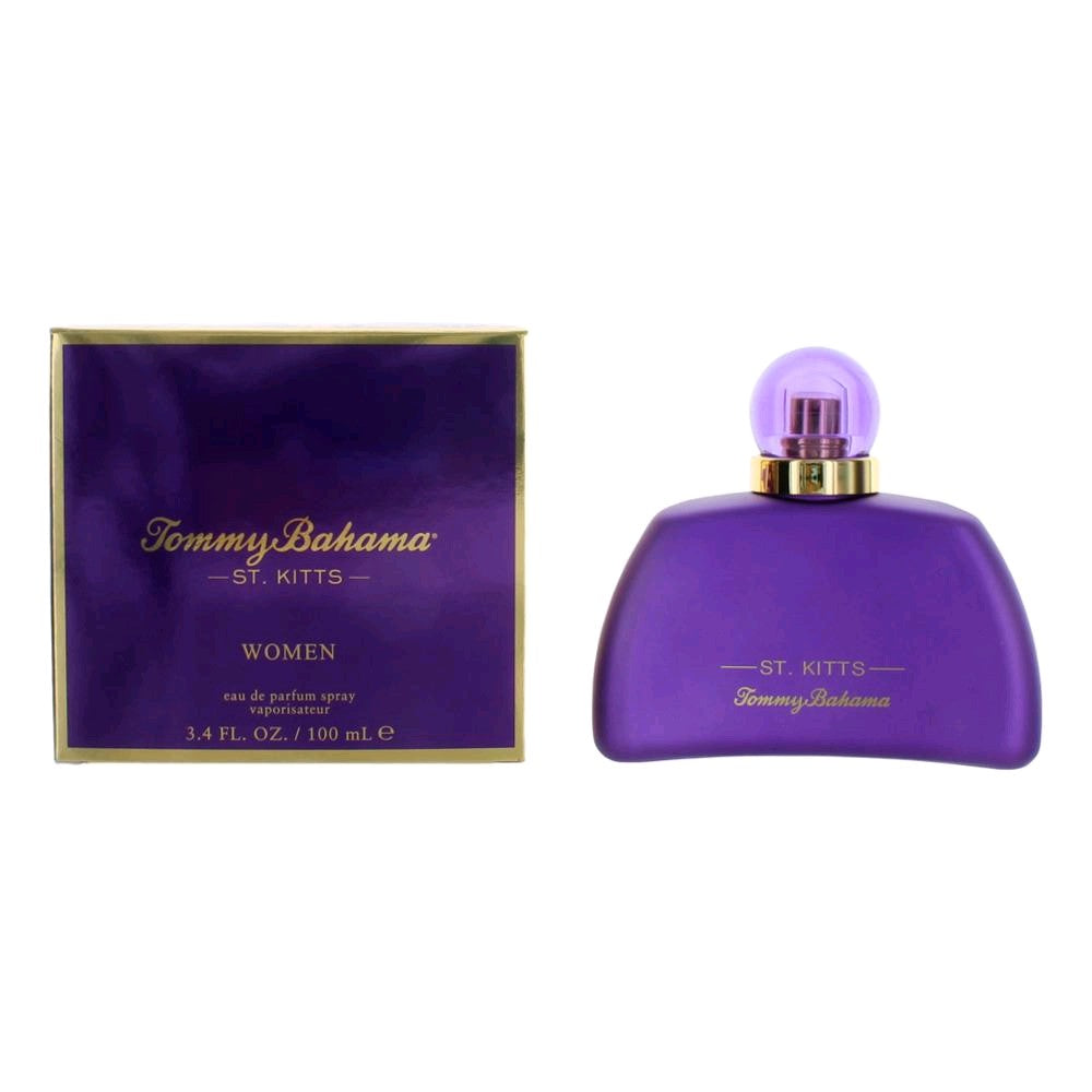 Women’s eau de parfum spray in purple bottle with gold cap, shown with box