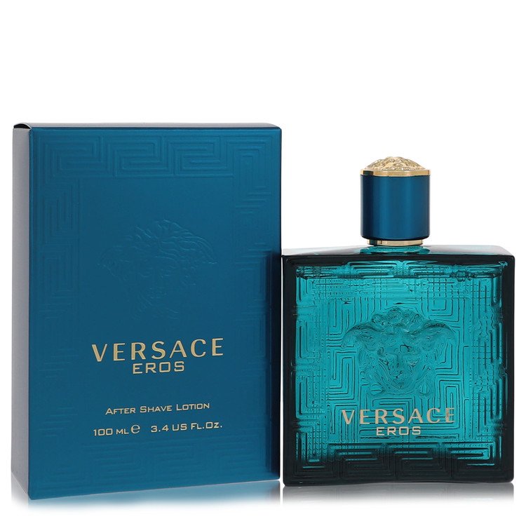 Men's after shave lotion set with teal blue bottle and gold cap, plus matching box.