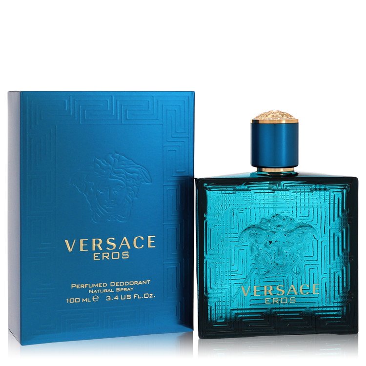 Blue Versace Eros deodorant spray bottle with matching embossed box, 3.4 oz