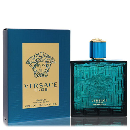 Men's Versace Eros parfum spray bottle with blue cap and matching blue box